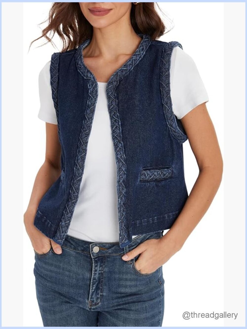 Sleeveless Denim Vest Casual Open Front Tweed Tank Top with Pockets